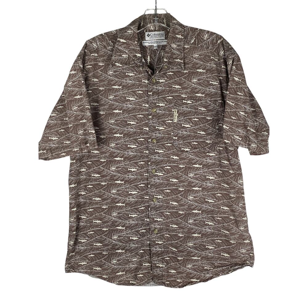 Columbia Fish Print Button Up Shirt Mens M Brown Short Sleeve Fishing Outdoors